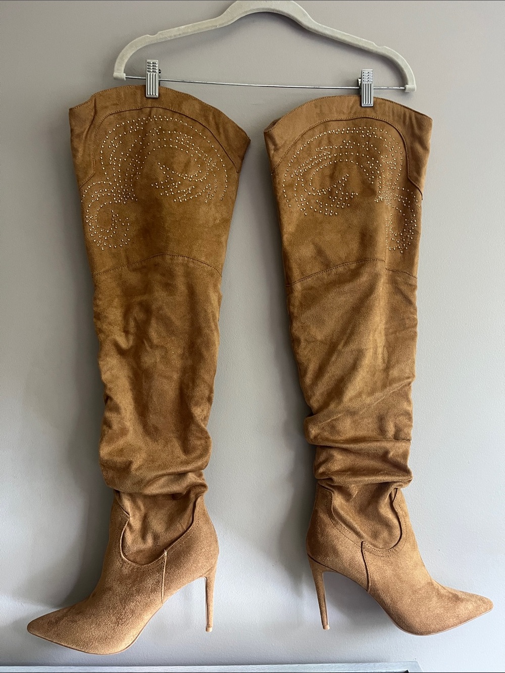 PrettyLittleThing Tan Faux Suede Studded Over The Knee Boots Size 8